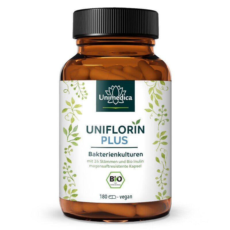 Uniflorin Plus with culture complexes from 26 bacterial strains and organic inulin - 20 billion CFU per daily dose (2 capsules) - 180 enteric-coated capsules - from Unimedica
