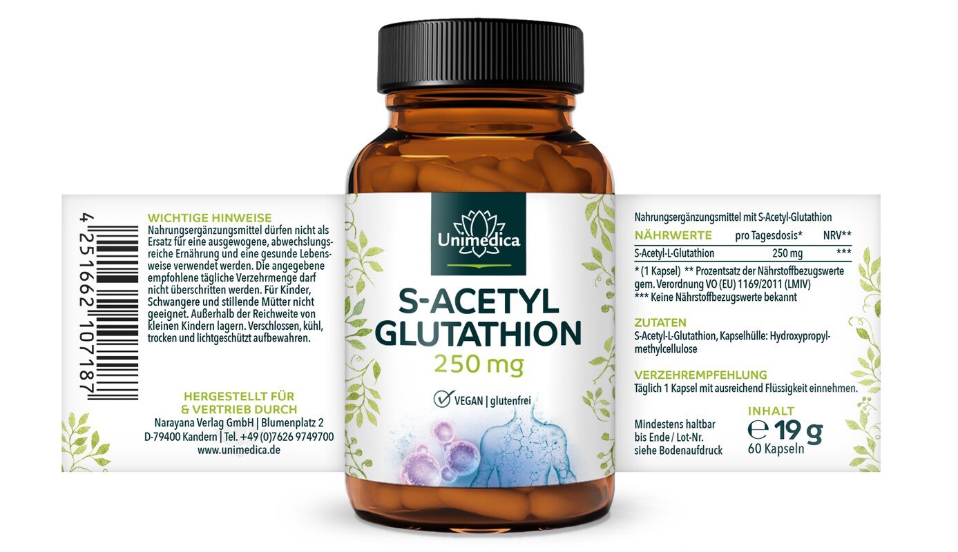 S-Acetyl-Glutathion - stabile Glutathionform - 250 mg pro Tagesdosis (1 Kapsel) - hochdosiert - 60 Kapseln - von Unimedica