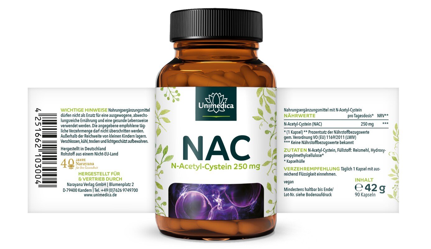 2er-Sparset: NAC - 250 mg pro Tagesdosis - N-Acetyl-Cystein aus natürlicher Fermentation - 2 x 90 Kapseln - von Unimedica