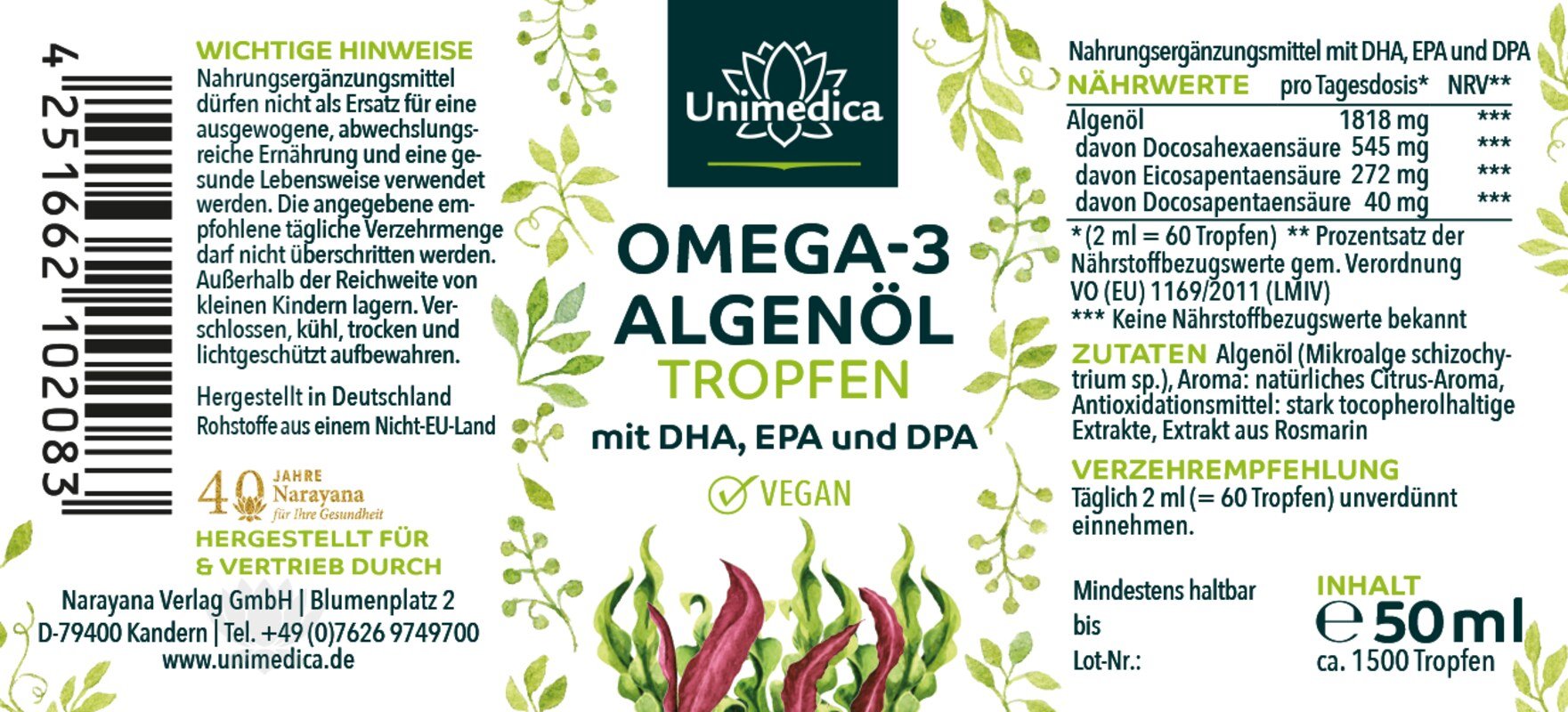 Vegan Omega 3 Algae Oil Drops - with DHA, EPA, and DPA - 50 ml - by Unimedica