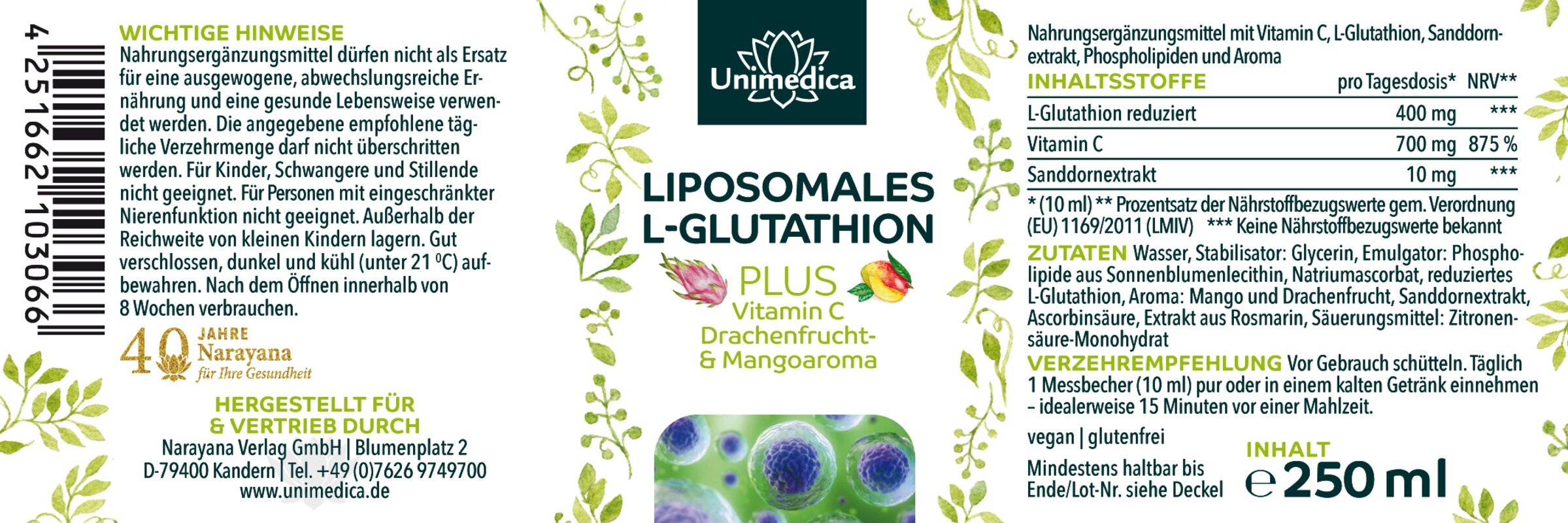 Liposomales L-Glutathion PLUS Vitamin C, Drachenfrucht- und Mangoaroma - 250 ml - von Unimedica