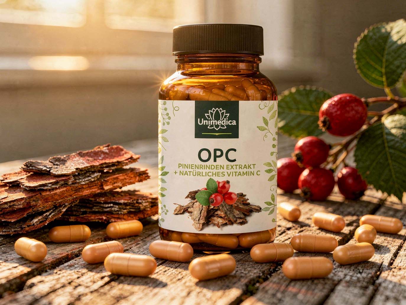 OPC Pine Bark Extract + Vitamin C - 500 mg pine bark extract per daily dose (1 capsule) - of which 200 mg OPC - 120 capsules - from Unimedica