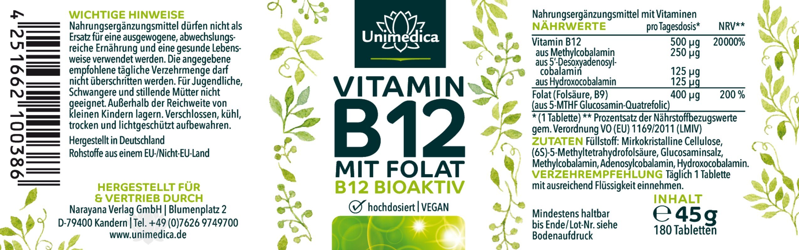 Vitamin B12 with folate - 180 tablets - from Unimedica