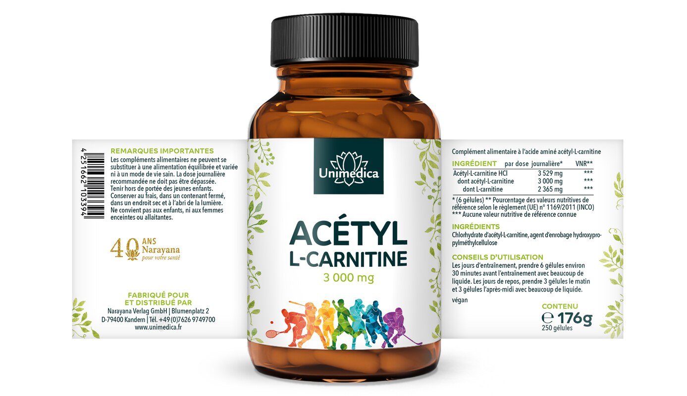 Acetyl L-Carnitin - 3.000 mg pro Tagesdosis (6 Kapseln) - 250 Kapseln - von Unimedica