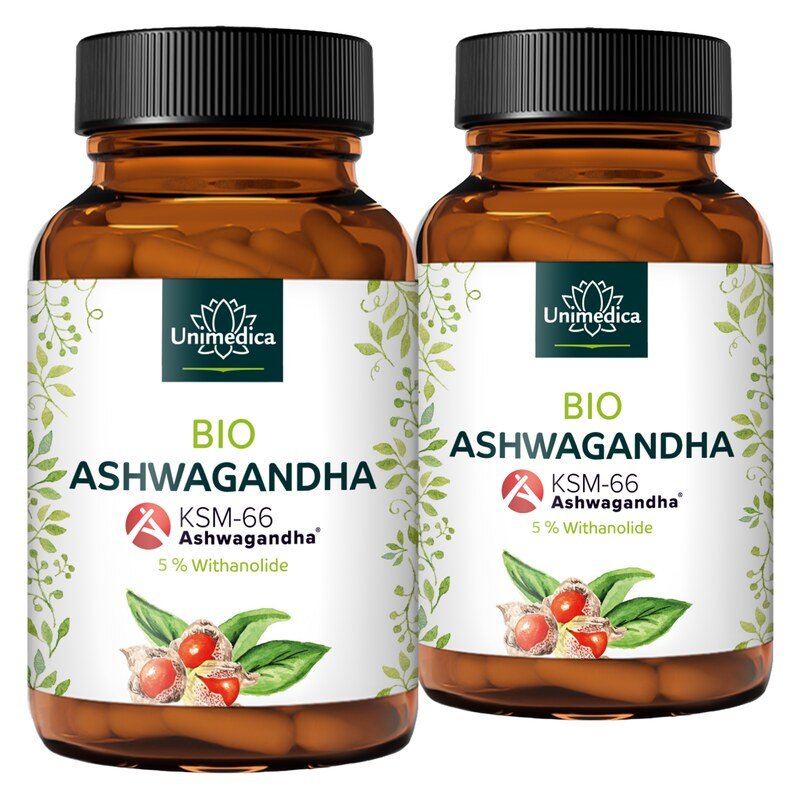 Set: Organic Ashwagandha KSM-66 - 500 mg daily dose, high dose - 5 % withanolides - 2 x 120 capsules - from Unimedica