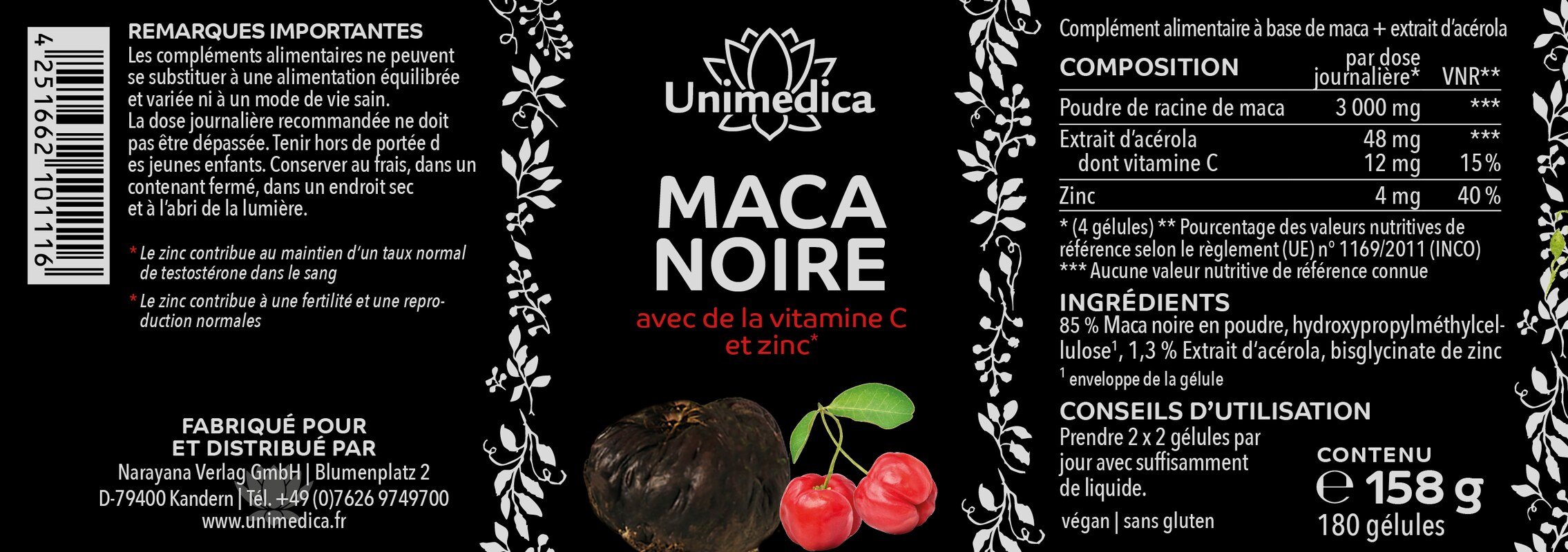 Schwarzes Maca mit Vitamin C aus Acerola und Zink - 3.000 mg pro Tagesdosis (4 Kapseln) - 180 Kapseln - von Unimedica