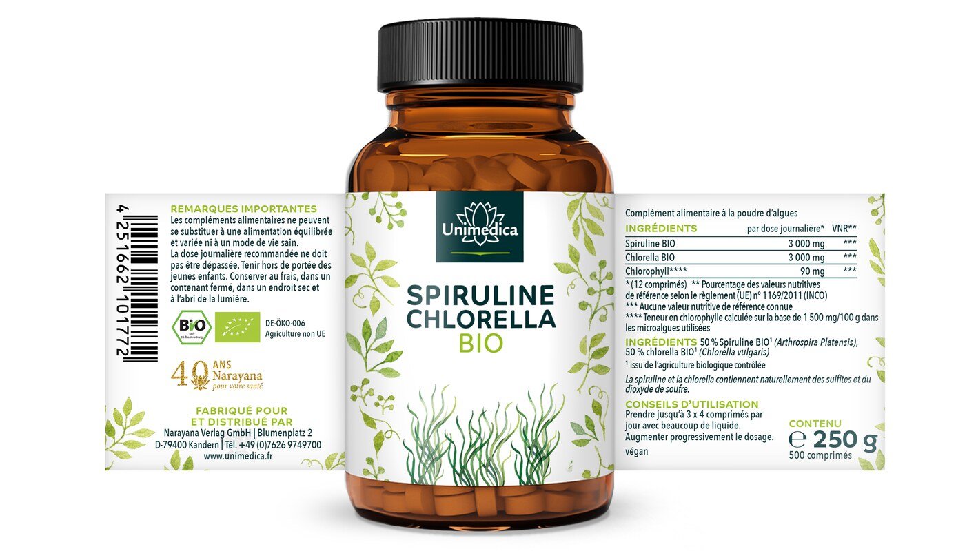 2er-Sparset: Bio Spirulina und Bio Chlorella - jeweils 3.000 mg pro Tagesdosis (3 x 4 Tabletten) - im Verhältnis 1 : 1 - 2 x 500 Tabletten - von Unimedica