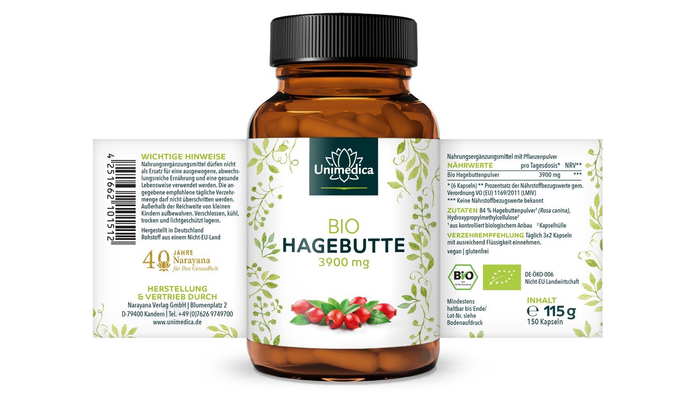 Bio Hagebutten - 3900 mg pro Tagesdosis (3 x 2 Kapseln) - 150 Kapseln - von Unimedica