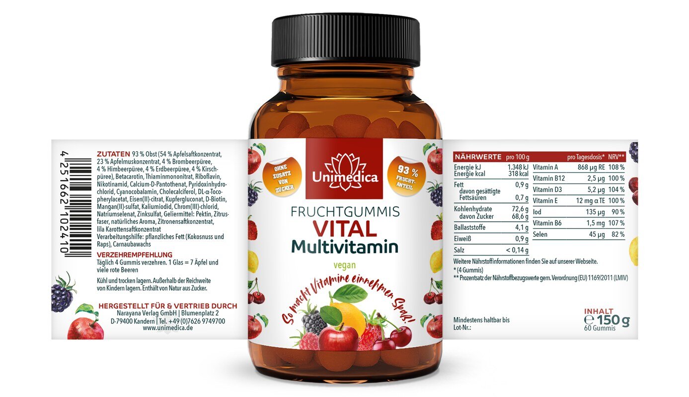 Vital - Multivitamin - Fruchtgummis - vegan - 60 Gummis - von Unimedica
