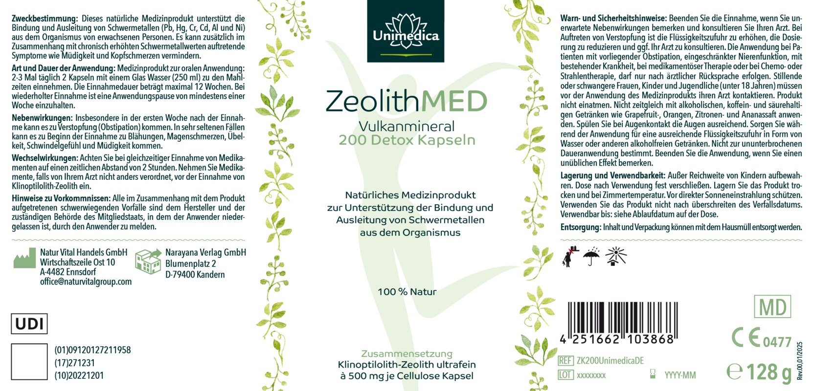 2er-Sparset: Zeolith MED Detox - 1000 mg reines Klinoptilolith-Zeolith pro Tagesdosis (2 Kapseln) - 2 x 200 Kapseln - von Unimedica