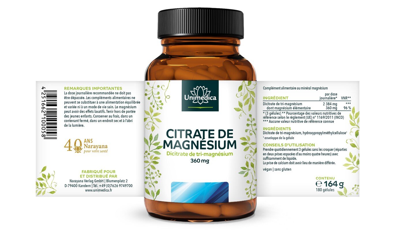 2er-Sparset: Tri-Magnesium Dicitrat - 360 mg elementares Magnesium pro Tagesdosis - 2 x 180 Kapseln - von Unimedica