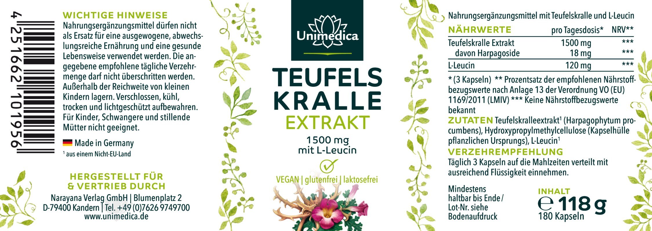 2er-Sparset: Teufelskralle - 1500 mg pro Tagesdosis (3 Kapseln) - mit L-Leucin - 2 x 180 Kapseln - von Unimedica