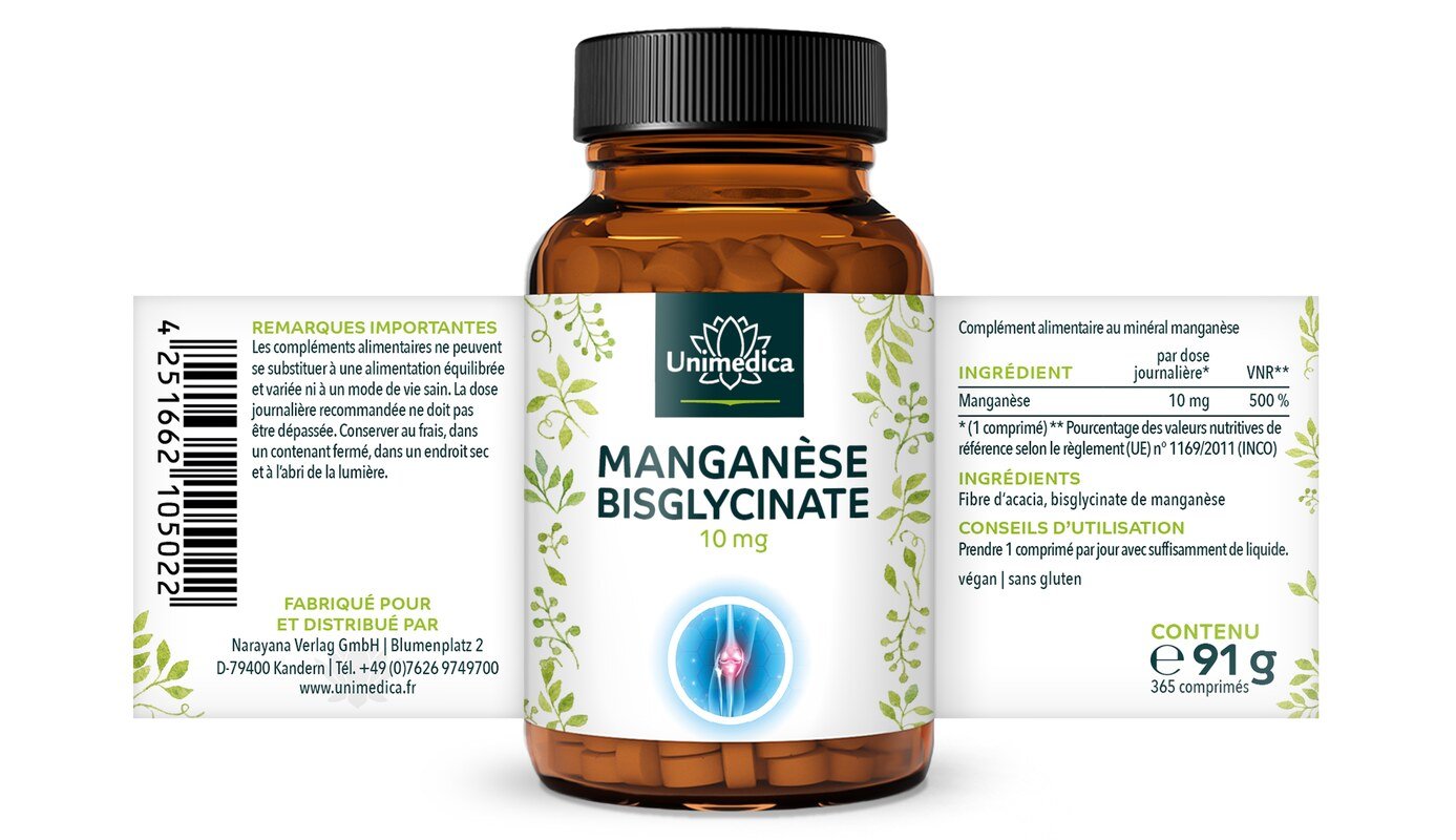 Mangan - 10 mg Mangan Bisglycinat pro Tagesdosis (1 Tablette) - hochdosiert - 365 Tabletten - von Unimedica