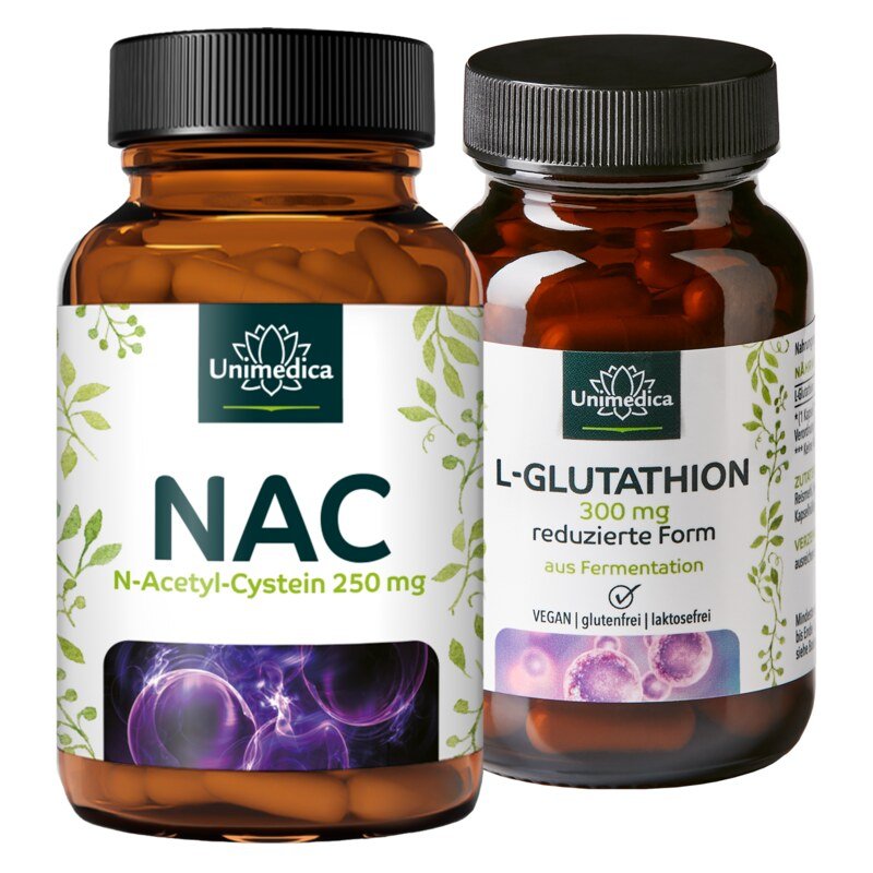 Sparset: L-Glutathion - reduzierte Form aus natürlicher Fermentation - 300 mg pro Tagesdosis (1 Kapsel) - 60 Kapseln & NAC - 250 mg pro Tagesdosis (1 Kapsel) - N-Acetyl-Cystein aus natürlicher Fermentation - 90 Kapseln