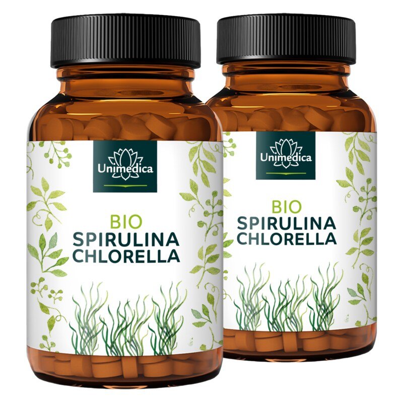 2er-Sparset: Bio Spirulina und Bio Chlorella - jeweils 3.000 mg pro Tagesdosis (3 x 4 Tabletten) - im Verhältnis 1 : 1 - 2 x 500 Tabletten - von Unimedica