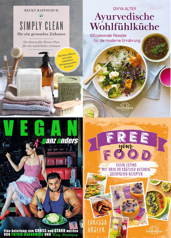 4er-Set - Unimedica Bücher - Ayurvedische Wohlfühlküche / VEGAN ganz anders / Free your Food! / Simply Clean