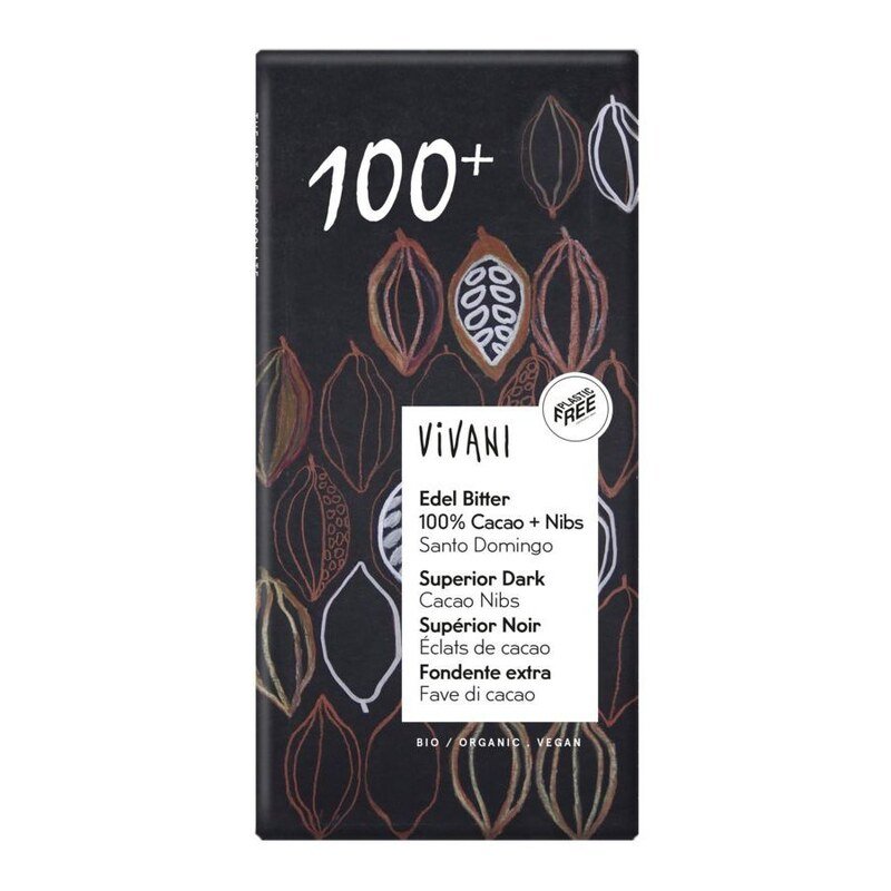 Edel Bitter Schokolade 100 % Cacao + Nibs Santo Domingo Bio - Vivani - 80 g