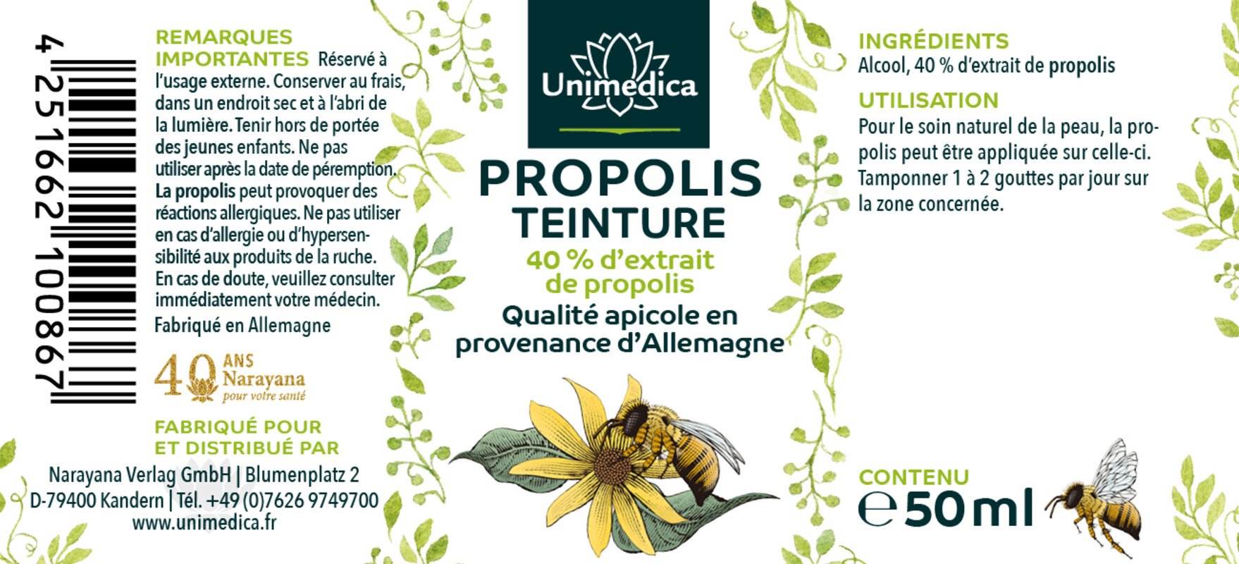 Propolis 40 % Tinktur - aus Deutschland - Imkerqualität - 50 ml - von Unimedica - Topangebot