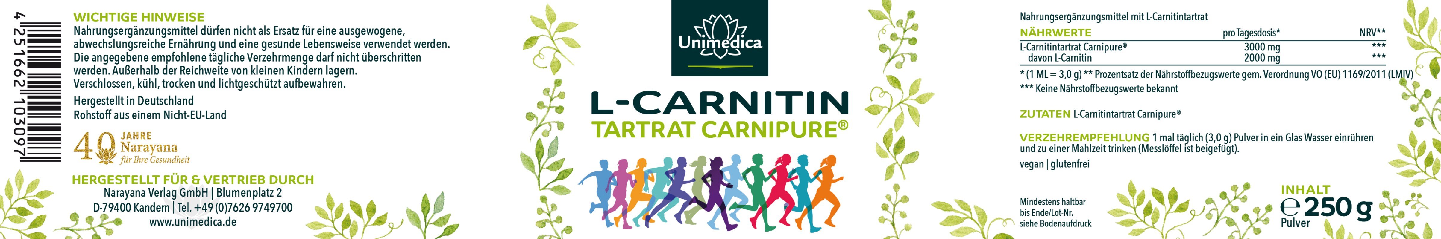 L-Carnitin Tartrat Carnipure® Pulver - 2000 mg pro Tagesdosis (1 Messlöffel) - 250 g - von Unimedica