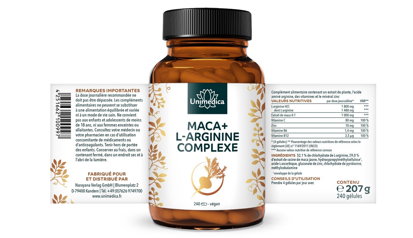 Maca + L-Arginin Komplex - hochdosiert - 240 Kapseln - von Unimedica