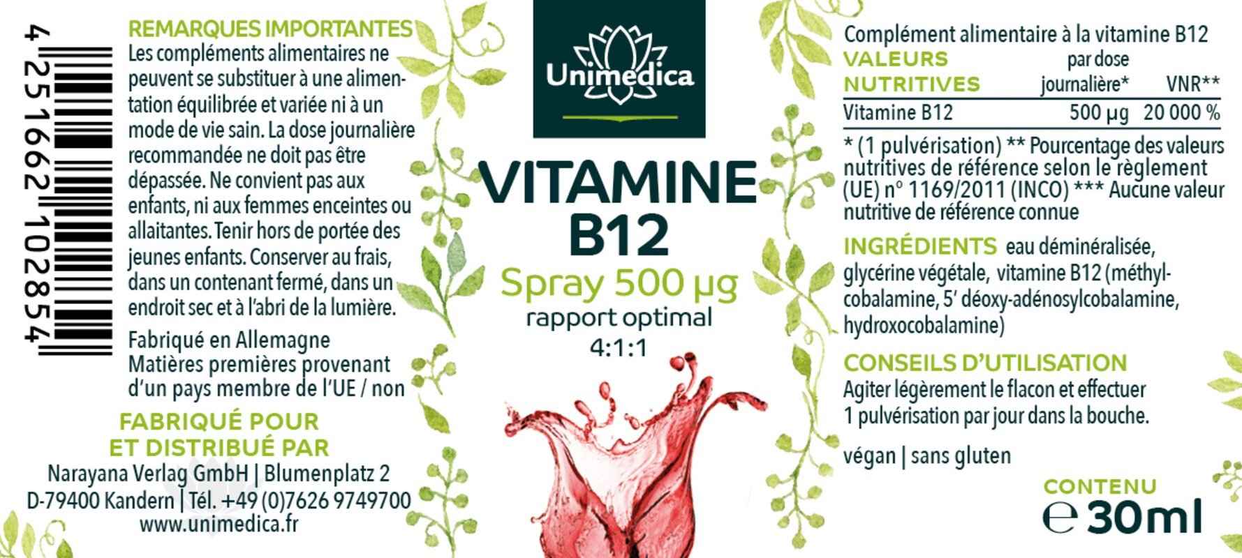 Vitamin B12 - Spray - 500 µg pro Tagesdosis (1 Sprühstoß) - 30 ml - von Unimedica
