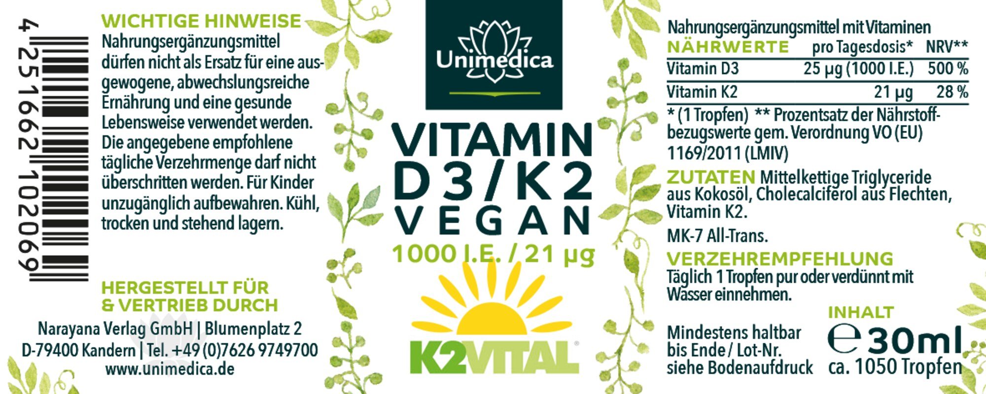 Veganes Vitamin D3 / K2 mit D3 aus Flechten mit K2Vital von Kappa - D3 1.000 I.E. 25 µg / K2 21 µg (1 Tropfen) pro Tagesdosis- 30 ml - von Unimedica