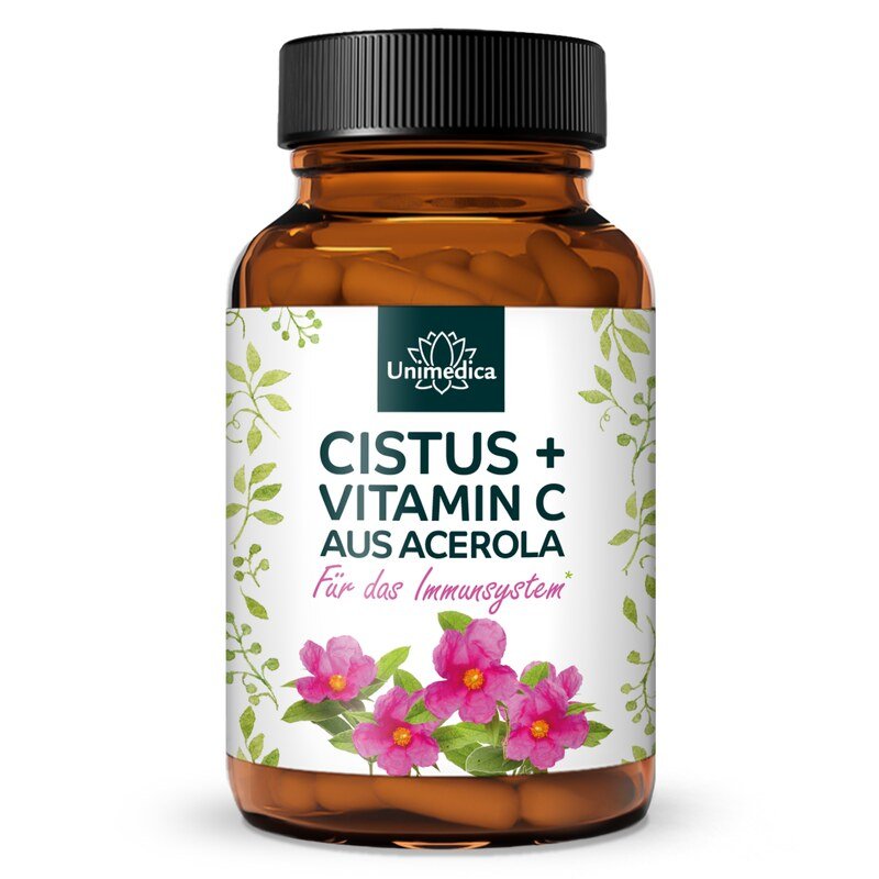 Cistus Herb plus natural Vitamin C from Acerola - with 384 mg cistus extract per capsule - 90 capsules - from Unimedica
