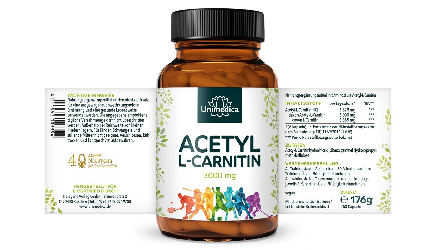 2er-Sparset: Acetyl L-Carnitin - 3.000 mg pro Tagesdosis (6 Kapseln) - 2 x 250 Kapseln - von Unimedica