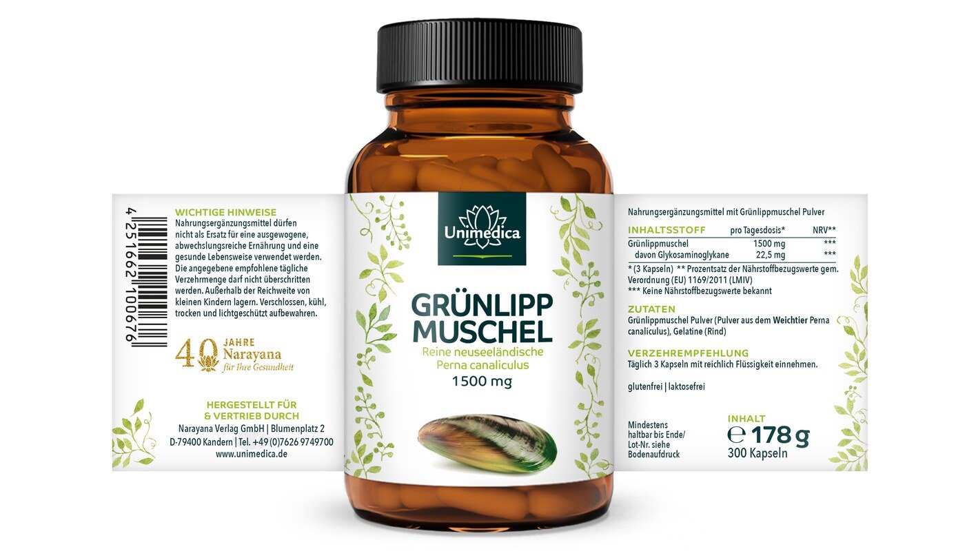 Grünlippmuschel - 1.500 mg pro Tagesdosis (3 Kapseln) - hochdosiert - 300 Kapseln - von Unimedica