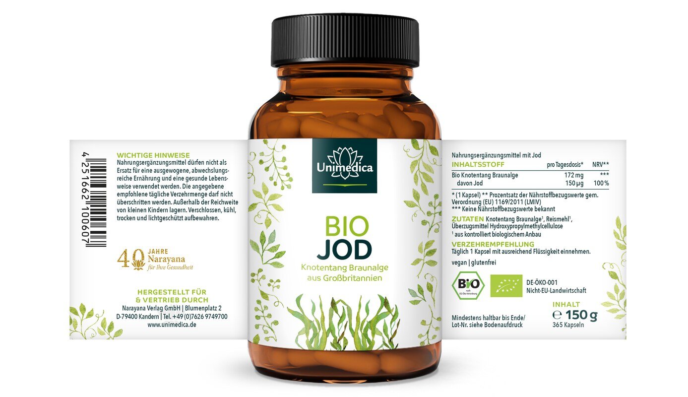 2er-Sparset: Bio Jod Kapseln - 150 µg natürliches Jod aus Knotentang Braunalgen - 2 x 365 Kapseln - von Unimedica