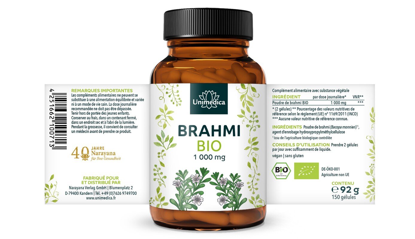 Bio Brahmi - 1.000 mg pro Tagesdosis (2 Kapseln) - 150 Kapseln - von Unimedica