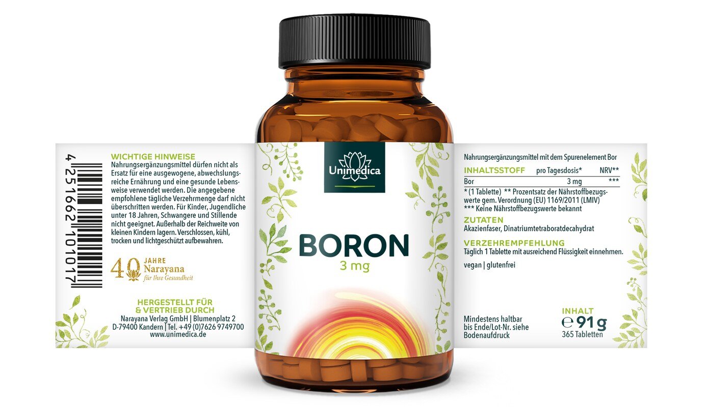 Bor (Borax) - 3 mg pro Tagesdosis (1 Tablette) - 365 Tabletten - von Unimedica