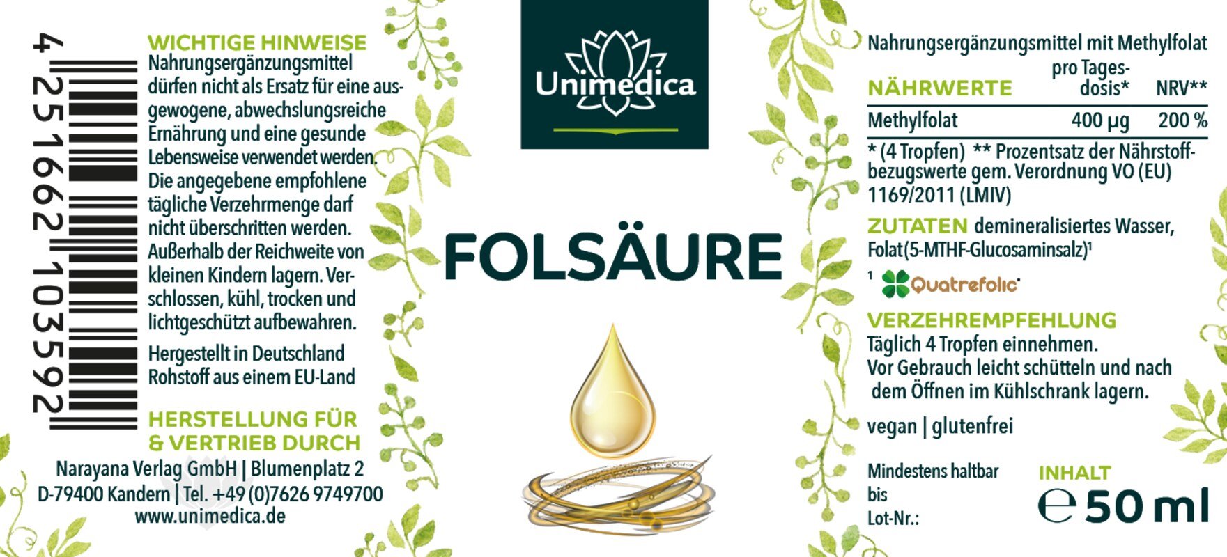 Folsäure Tropfen Quatrefolic® - 400 µg pro Tagesdosis (4 Tropfen) - 50 ml von Unimedica