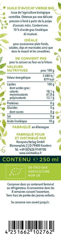 Bio Avocadoöl nativ - 250 ml - von Unimedica