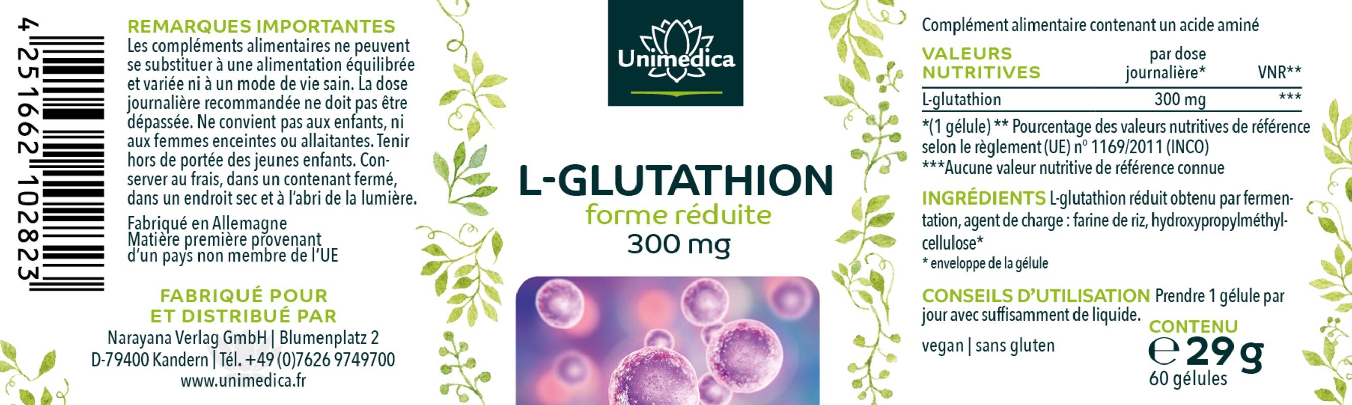 L-Glutathion - reduzierte Form aus natürlicher Fermentation - 300 mg pro Tagesdosis (1 Kapsel) - 60 Kapseln - von Unimedica