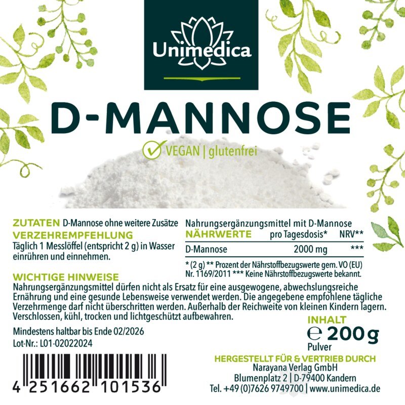 D-Mannose - 2000 mg pro Tagesdosis (1 Messlöffel) - 200 g Pulver - von Unimedica