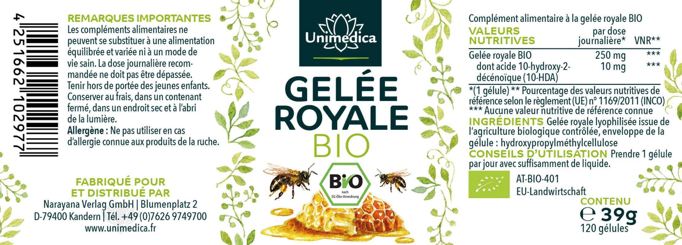 Bio Gelée Royale - 250 mg pro Tagesdosis (1 Kapsel) - 120 Kapseln -  von Unimedica