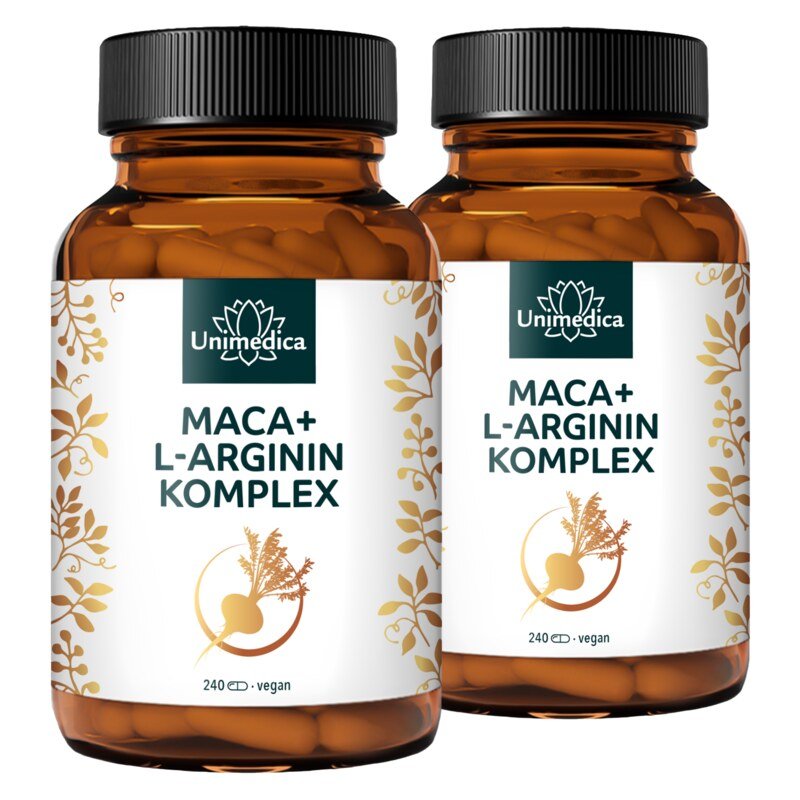 2er-Sparset: Maca + L-Arginin Komplex forte mit den Vitaminen C, B6, B12 und Zink - hochdosiert - 2 x 240 Kapseln - von Unimedica