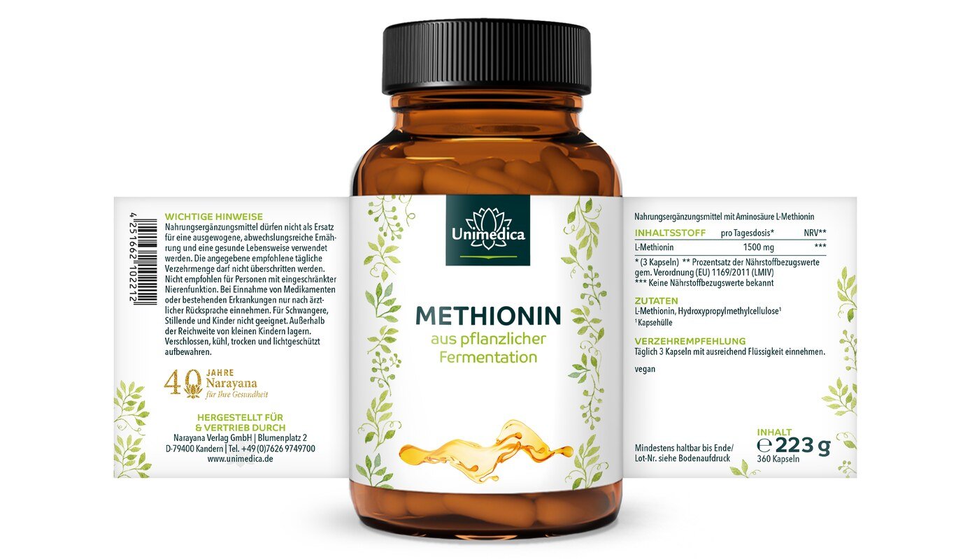 Methionin - 1.500 mg pro Tagesdosis (3 Kapseln)  - 360 Kapseln  - von Unimedica
