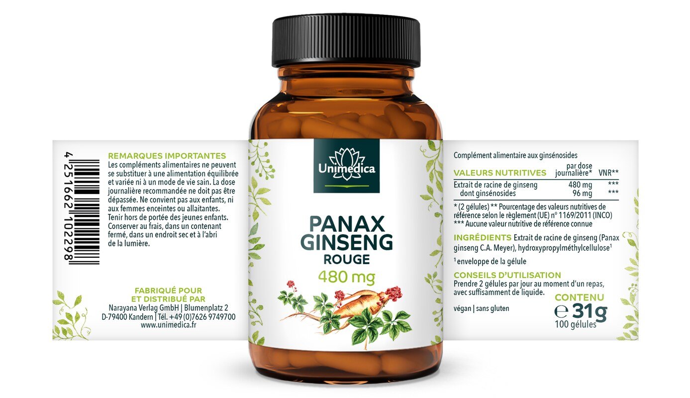 2er-Sparset: Roter Panax Ginseng Extrakt - koreanischer Ginseng C.A. Meyer - 480 mg pro Tagesdosis (2 Kapseln) - 20 % Ginsenoside - 2 x 100 Kapseln - von Unimedica