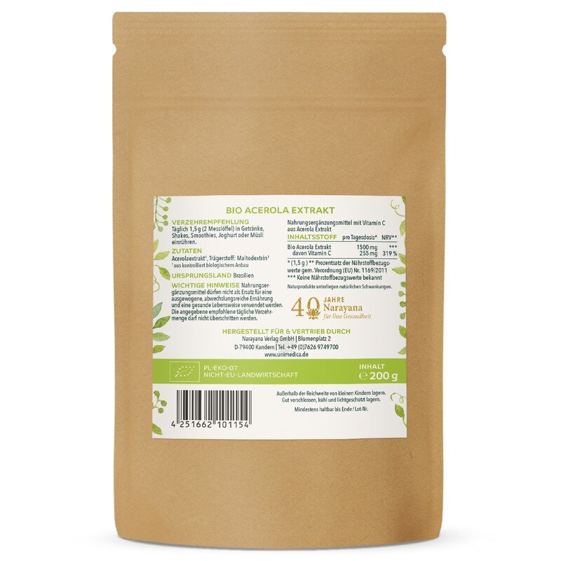 Bio Acerola Pulver - 17 % natürliches Vitamin C aus der Acerola-Kirsche -  200 g - von Unimedica