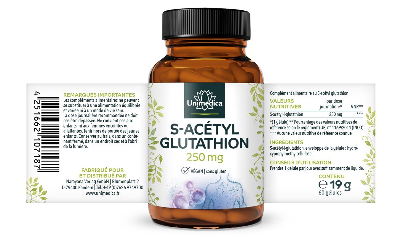 S-Acetyl-Glutathion - stabile Glutathionform - 250 mg pro Tagesdosis (1 Kapsel) - hochdosiert - 60 Kapseln - von Unimedica