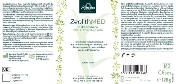 Zeolith MED Detox - 1000 mg reines Klinoptilolith-Zeolith pro Tagesdosis (2 Kapseln) - 200 Kapseln - von Unimedica