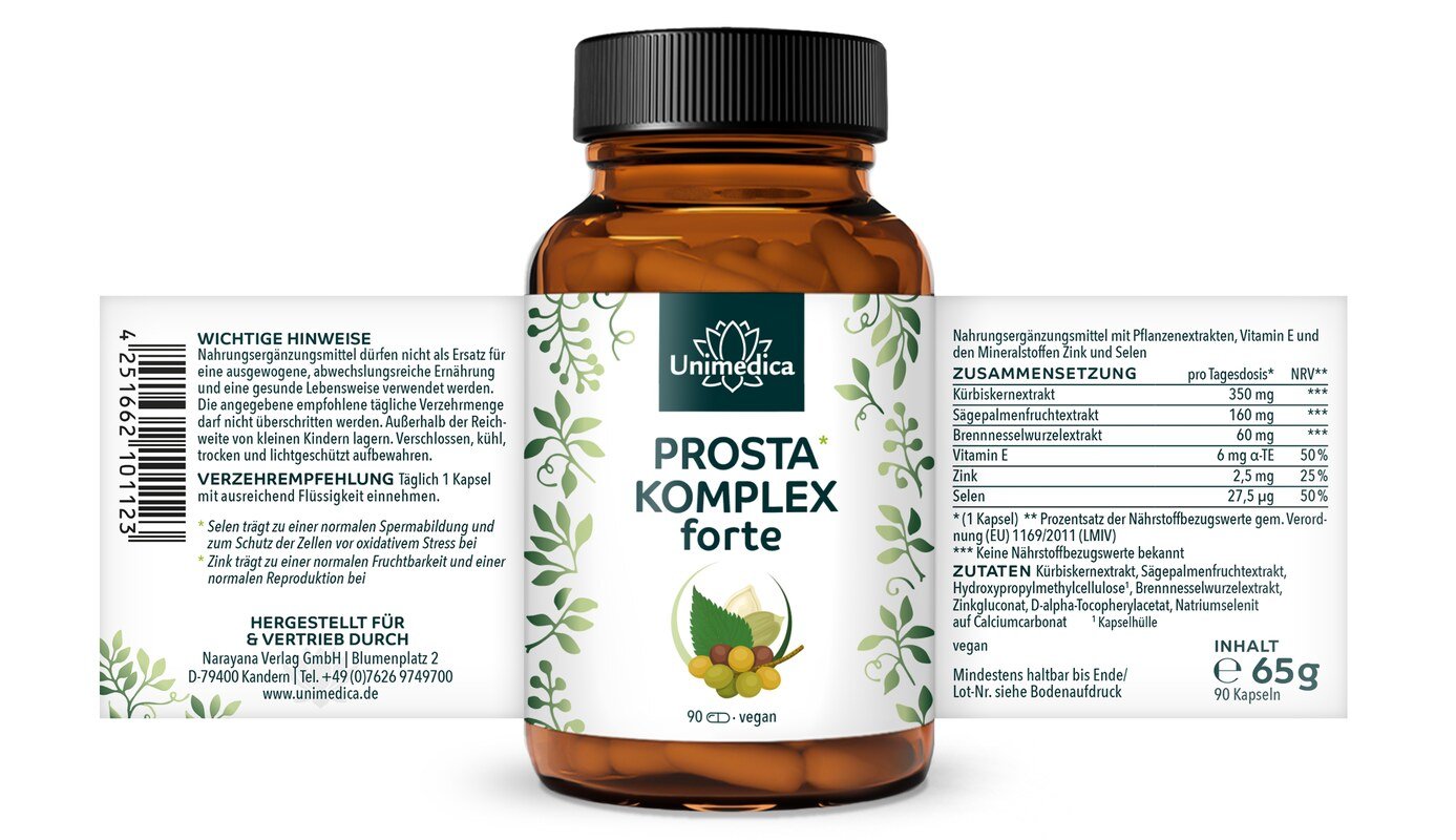 2er-Sparset: Prosta* Komplex forte - mit Kürbiskernextrakt, Sägepalmenextrakt und Brennnesselwurzel - 2 x 90 Kapseln - von Unimedica