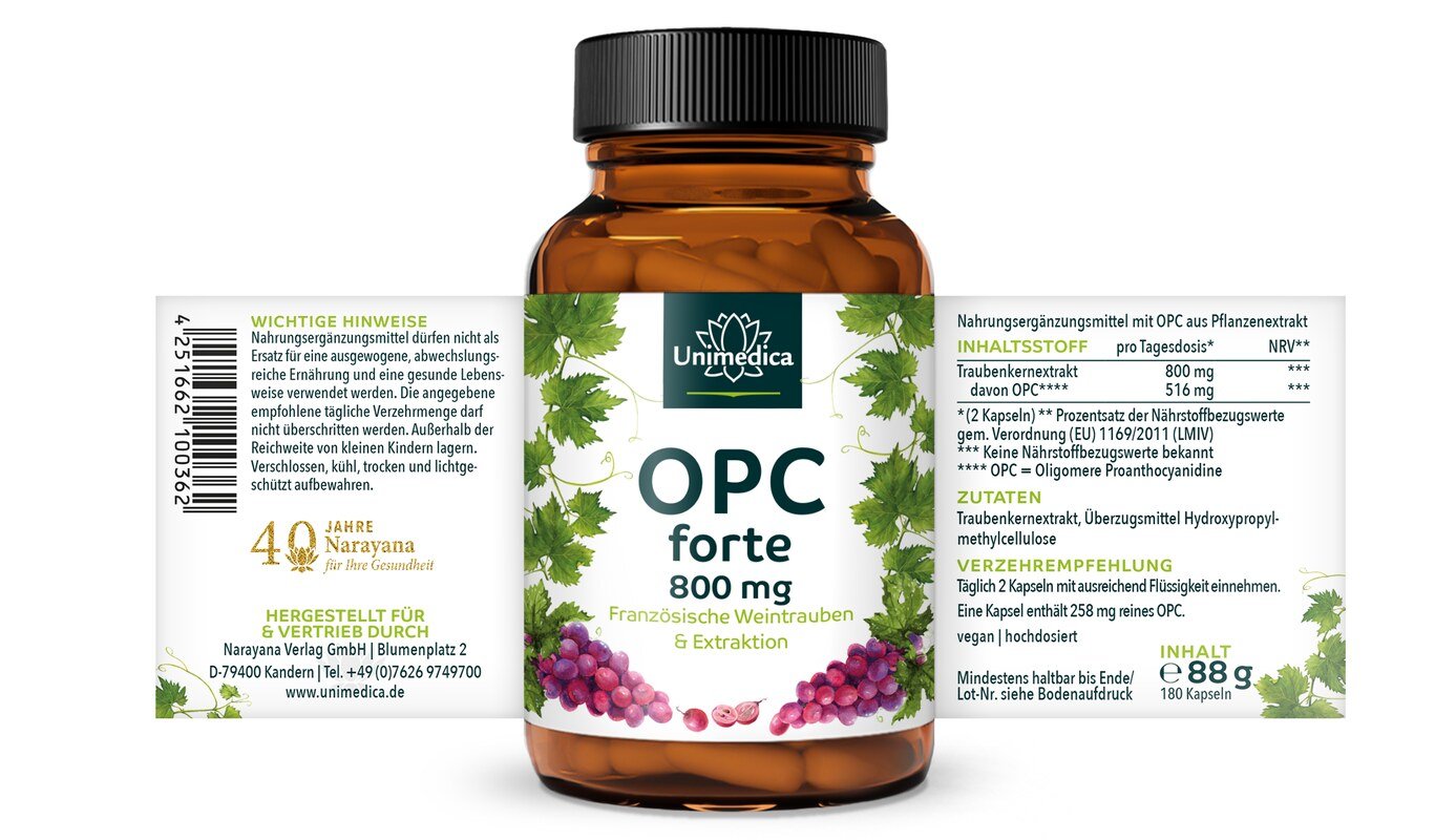 Sparset: OPC forte - 800 mg Traubenkernextrakt pro Tagesdosis - 180 Kapseln und Vitamin D3 / K2 MK7 All-trans - D3 1000 I.E. 25µg / K2 21µg Tropfen - 50 ml - von Unimedica