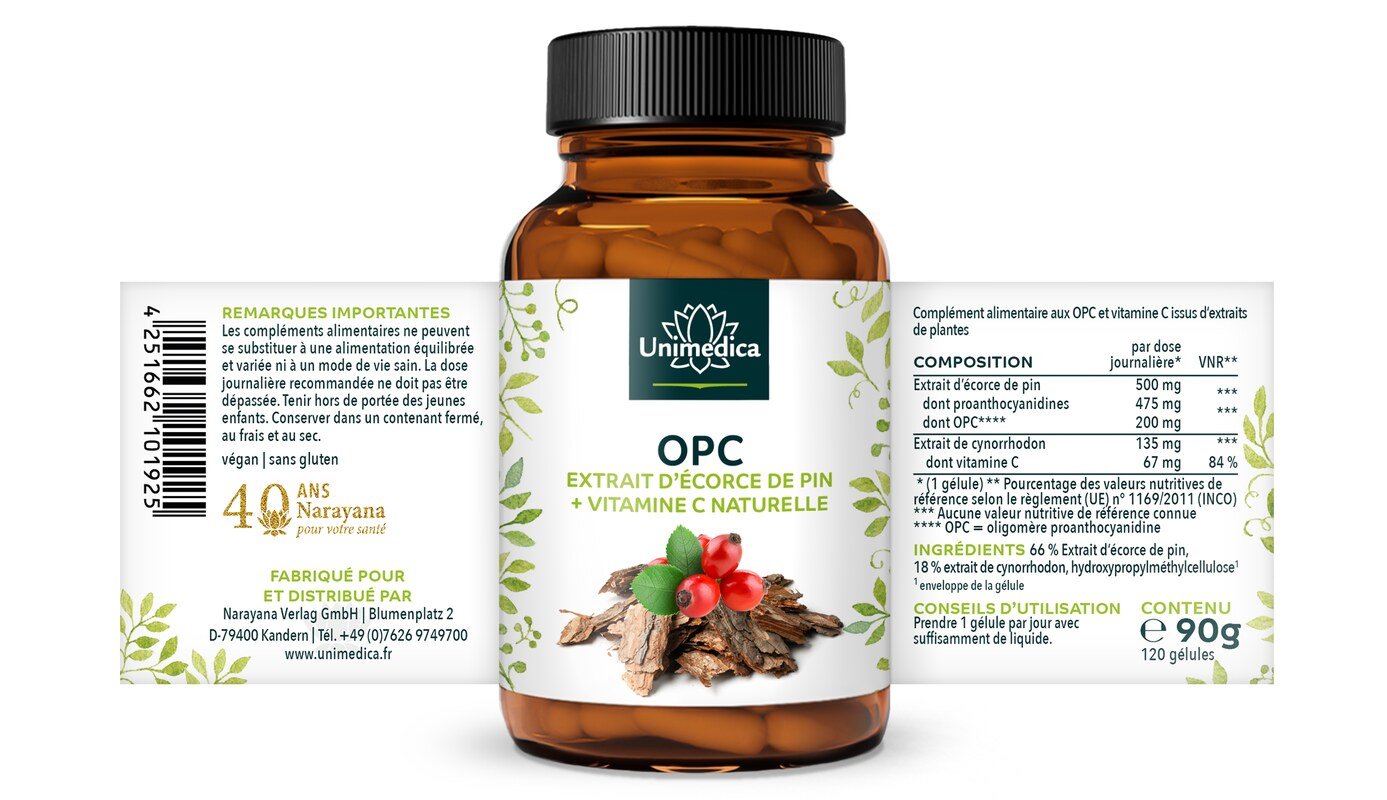 OPC Pinienrinden Extrakt + Vitamin C - 500 mg Pinienrinden-Extrakt pro Tagesdosis (1 Kapsel) - davon 200 mg OPC - 120 Kapseln - von Unimedica