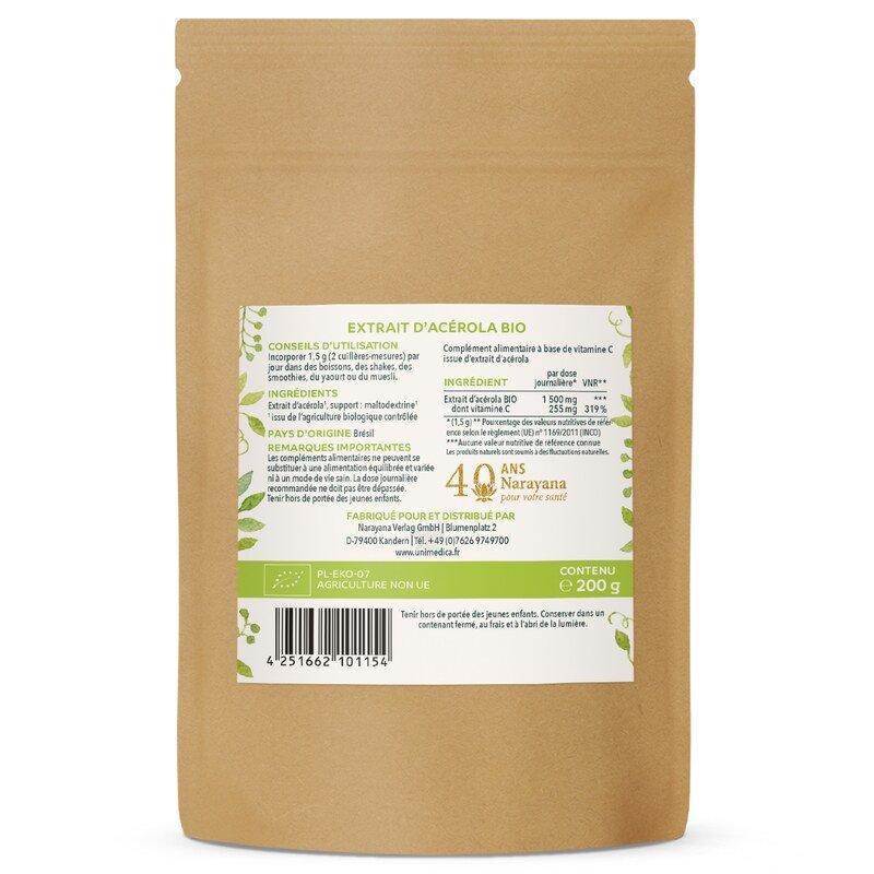 Bio Acerola Pulver - 17 % natürliches Vitamin C aus der Acerola-Kirsche -  200 g - von Unimedica