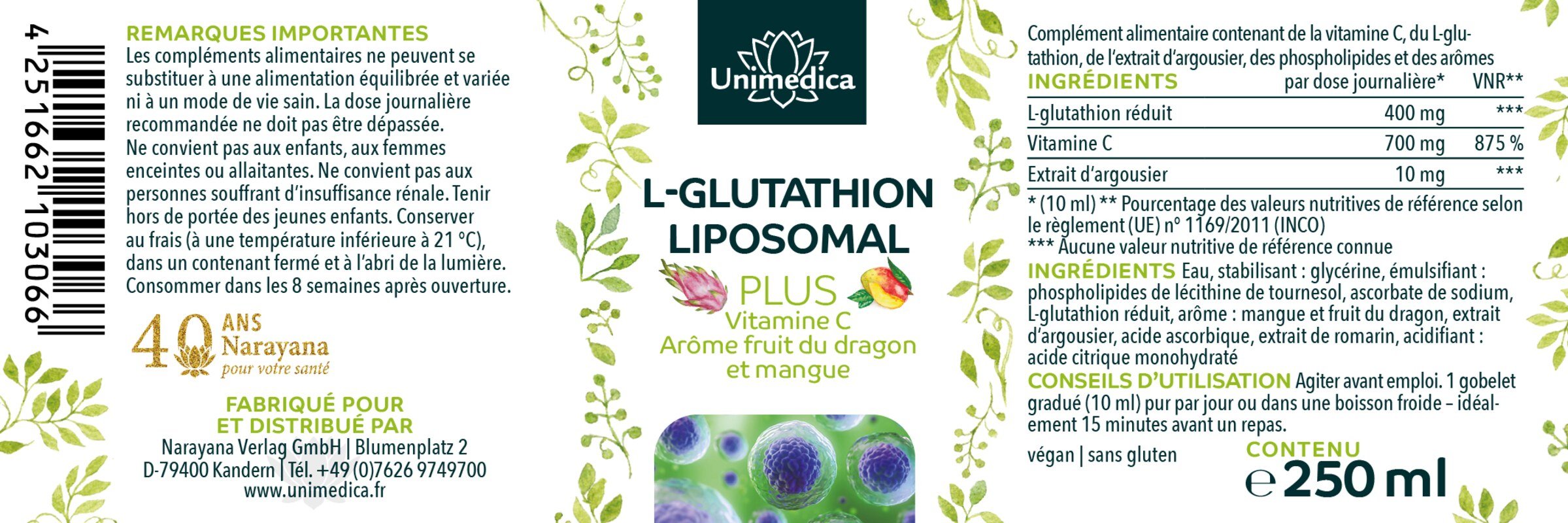 Liposomales L-Glutathion PLUS Vitamin C, Drachenfrucht- und Mangoaroma - 250 ml - von Unimedica