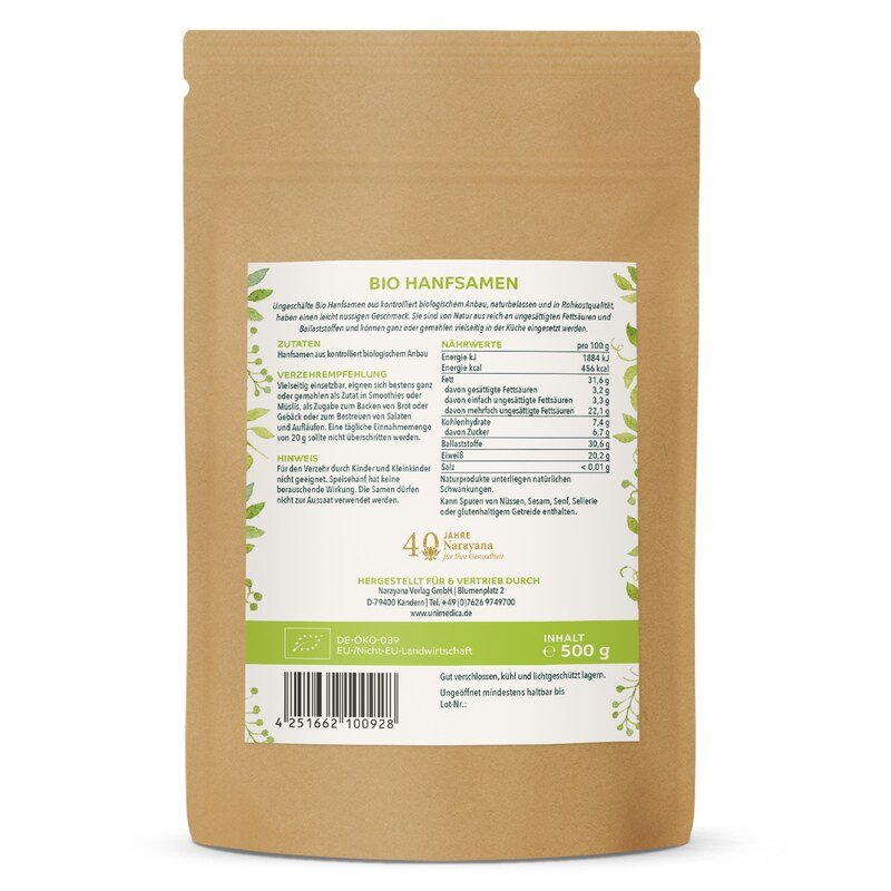 Bio Hanfsamen - ungeschält - naturbelassen -  500 g - von Unimedica